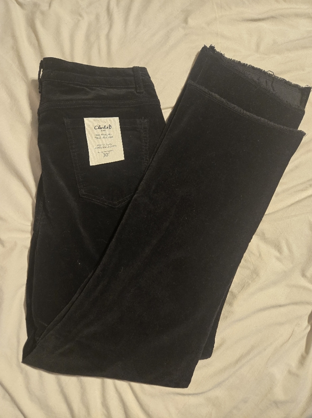 Charlie B Black Corduroy Jeans Size 16 Wide Leg Raw Hem Stretch NWT